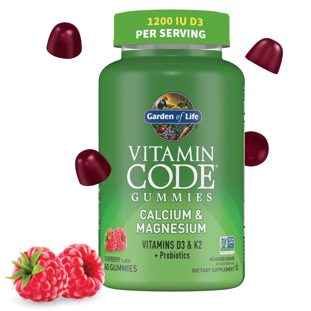 Eluaed Vitamiinikood Kaltsium Magneesium Gummies D3 & K2, Toetab Luude Tervist Ja Luude Tugevust + Prebiootikumid Ja Probiootikumid Seedetrakti Toeks, Mitte-GMO, Gluteenivaba, 60 Vaarika Gummies