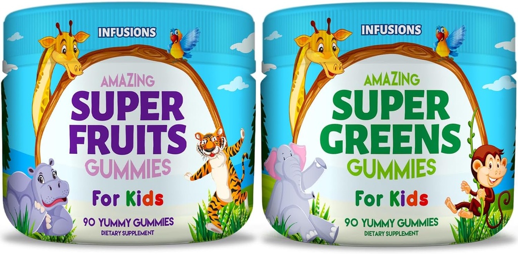 Super Fruit ja Super Green Gummies lastele 180 Count Superfood Blend Pehme ja maitsev gluteenivaba mitte-GMO