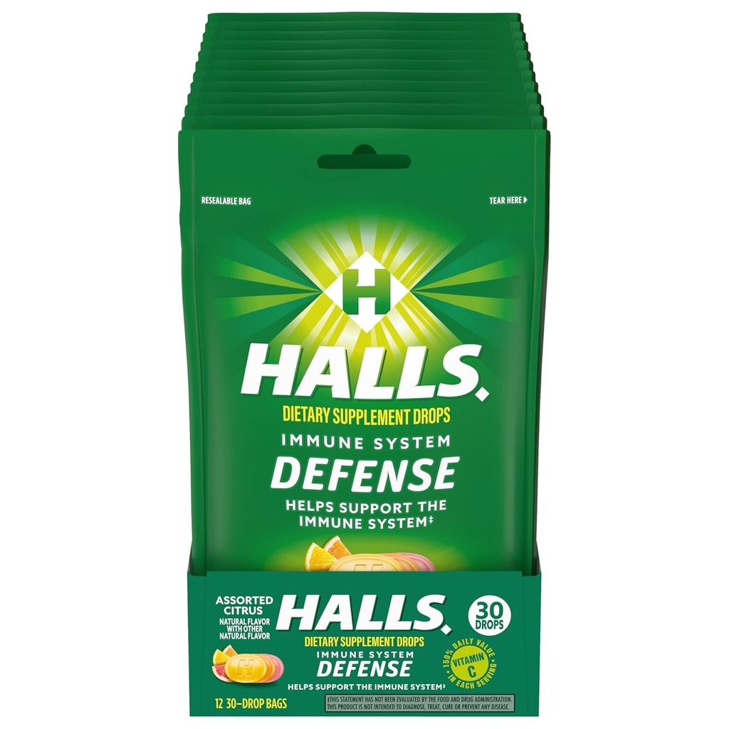 HALLS Defense Assorted C-vitamiini tilgad, toidulisandi tilgad, 12 kotti 30 tilka (360 kogu tilka)