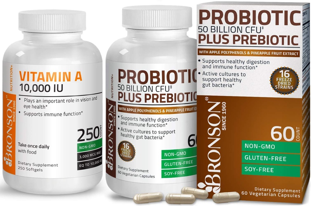 Bronson Probiootikum 50 miljardit CFU + prebiootikum koos Apple Polyphenols & Ananass Fruit Extract + Vitamiin A 10 000 RÜ Premium Non-GMO valem