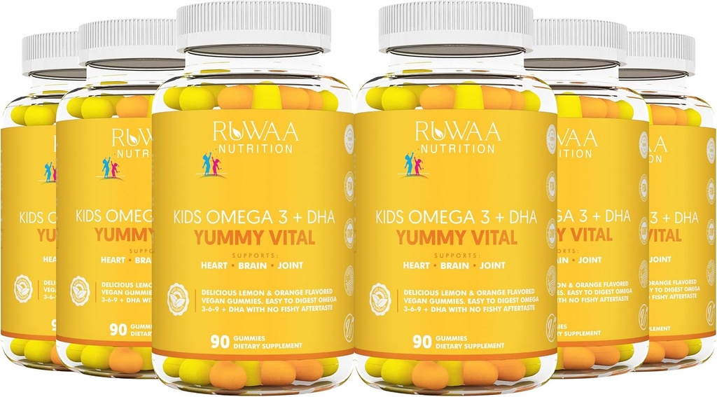 RUWAA TOITLUS Lapsed Omega 3 Gummies DHA EPA Omega 3 Supplement Kids. No Fish Oil After-Taste Vegan Omega 3 6 9 + DHA Gummies & Vitamiin C. Kognitiivne tervis, fookus, visioon Lapsed Omega 3 540ct (6)