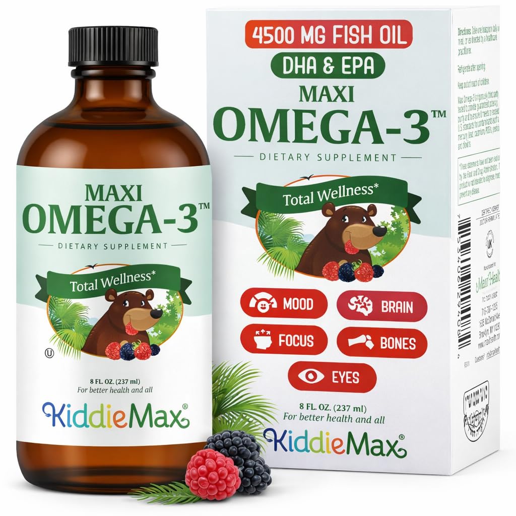 Maxi Health Omega 3 lastele Täiendus - Kosher Omega 3 Kids Fish Oil Vedel DHA & EPA - Vedel kalaõli täiendus puuviljapurskega, et toetada meeleolu, aju, fookust, luid ja silmi (8 oz)