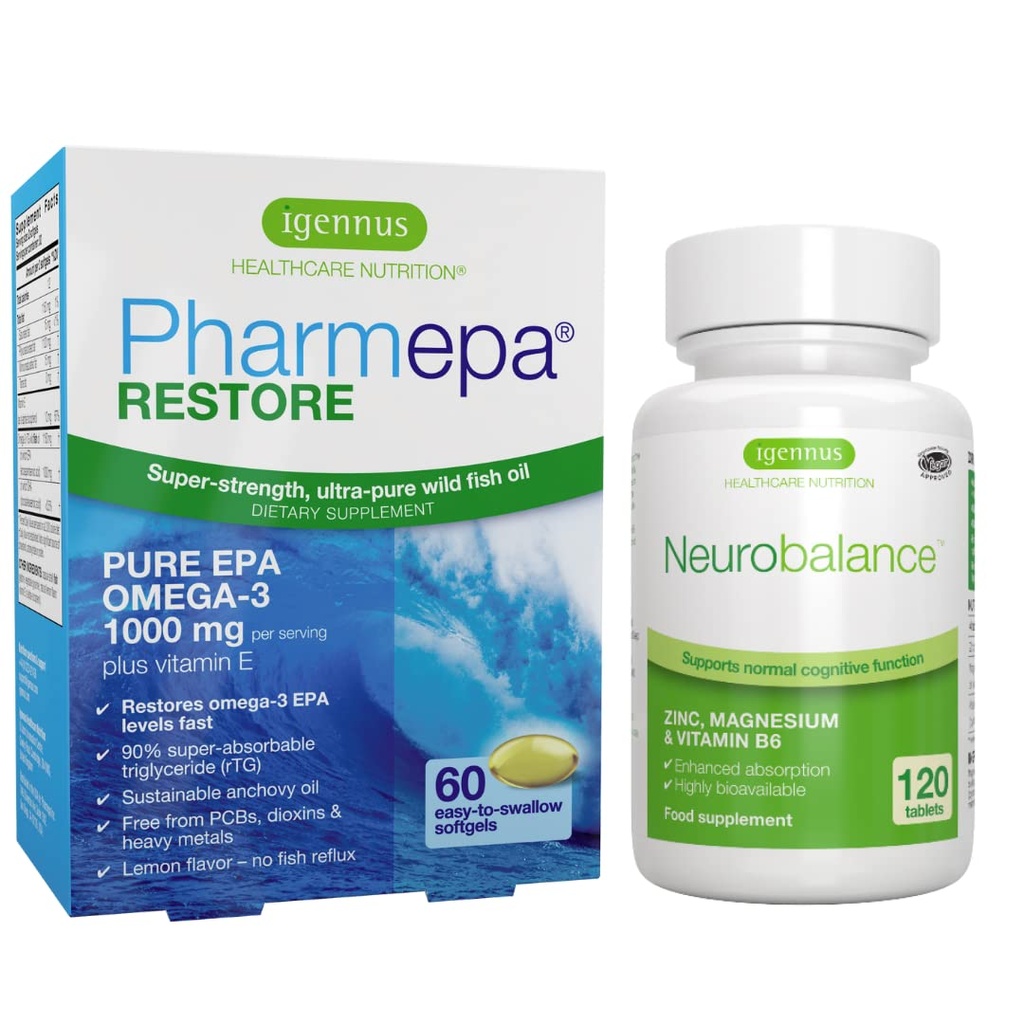 Igennus Pharmepa taastab EPA + neurotasakaalu tsink, magneesium ja vitamiin B6 meeleolu tervisepakett tähelepanu ja fookuse jaoks