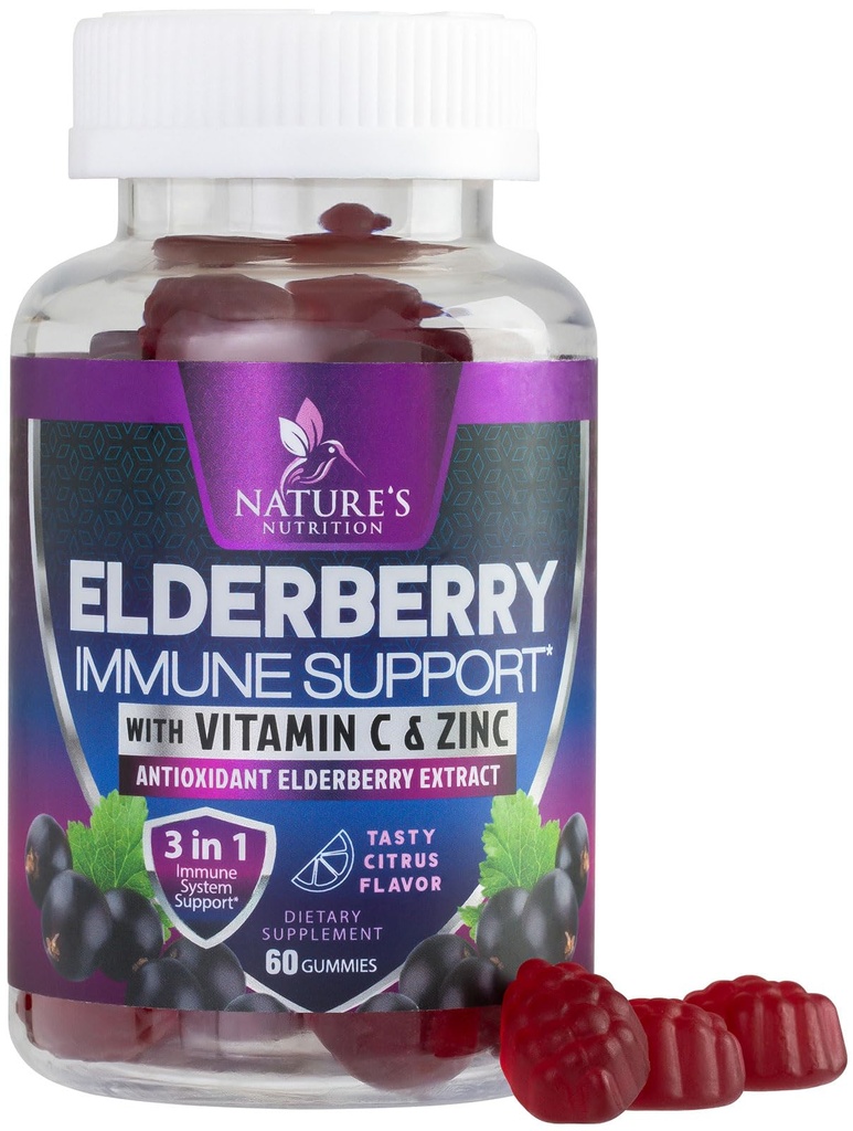 Immune Support Gummies - Sambucus Elderberry Gummy koos Elder Berry Extract, tsink ja vitamiin C, Natural Vegan Immune Support Supplement täiskasvanutele ja lastele, Gummy Elderberry Vitamiinid - 60 Gummies