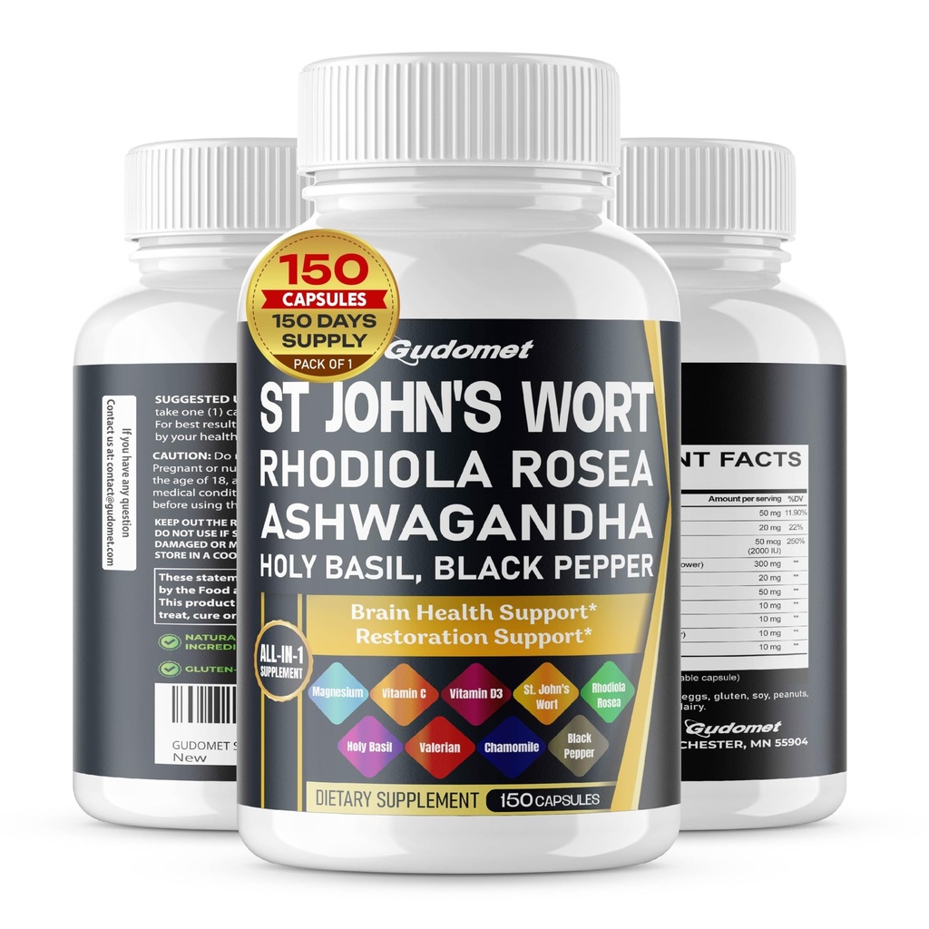 Naistepuna Rhodiola Rosea Ashwagandha Püha basiilik Valerian Chamomile Black Pepper - 150 kapslit - valmistatud USA-s