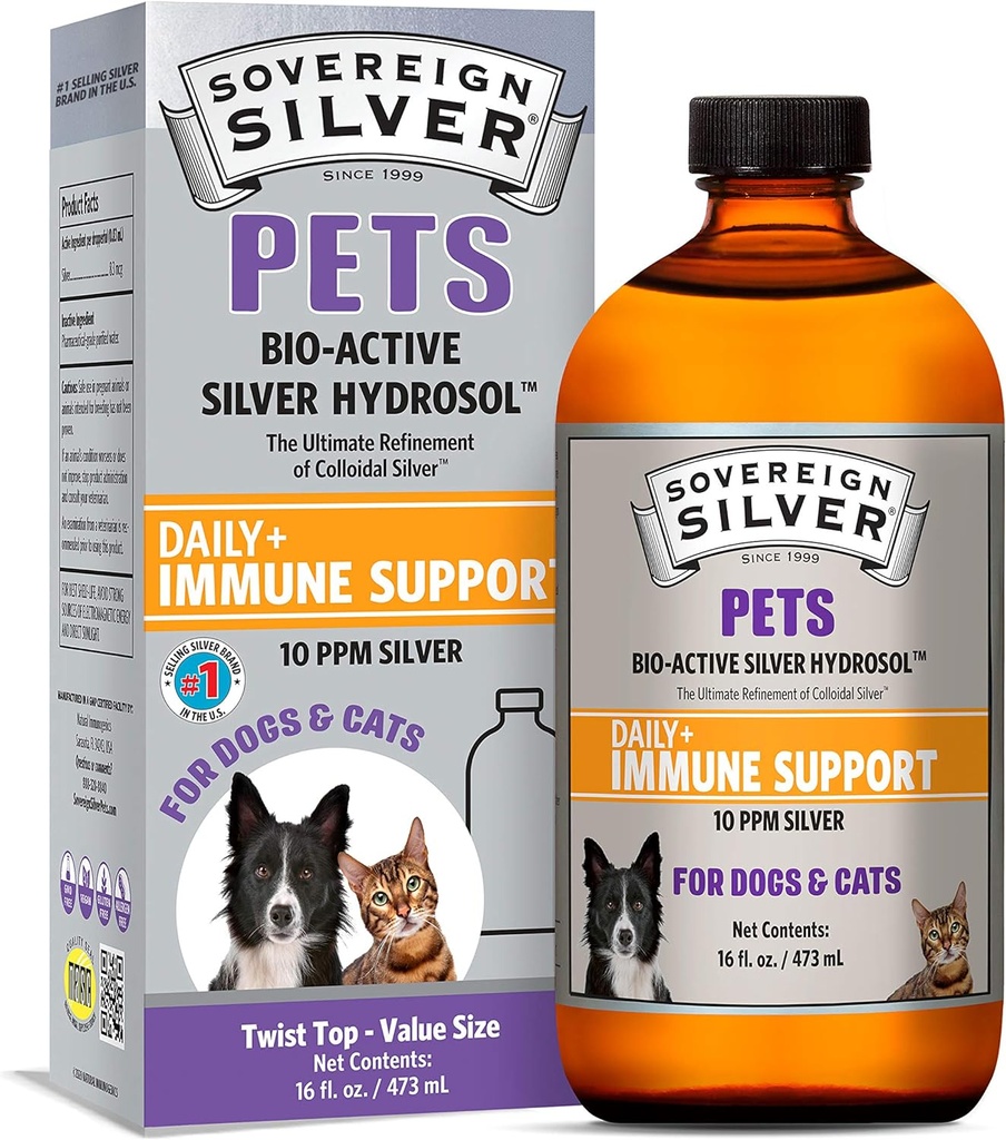 Suveräänsed Hõbedased Lemmikloomad Immune Support - Kolloidhõbe, Bio-Active Silver Hydrosol, koertele ja kassidele, 10 ppm, Vedel Twist Top, 16 Fl Oz, (473 ml)