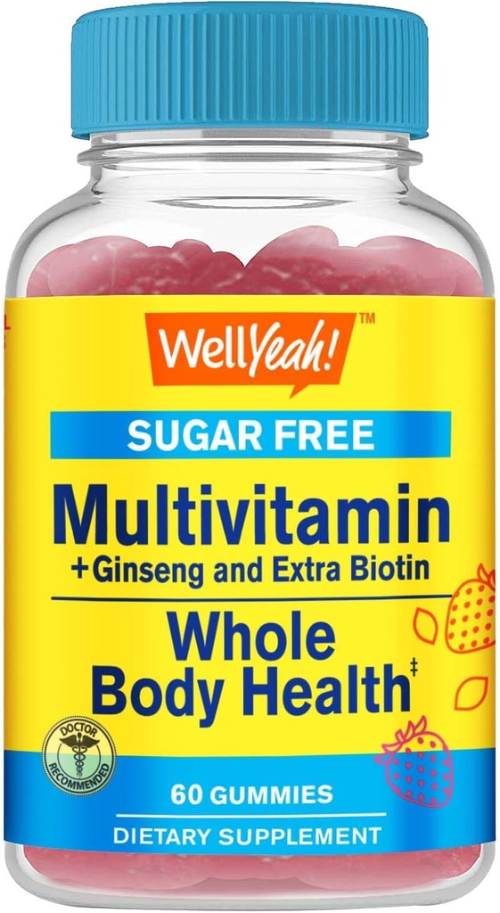 Multivitamiini suhkruvabad kummikommid ženšenniga, vitamiin A, C, D3, E, B12, B6, B1, B2, B5, niatsiin, foolhape, biotiin, jood, tsink, kroom, molübdeen, lükopeen, inositool - vegan - 60 kummikommid