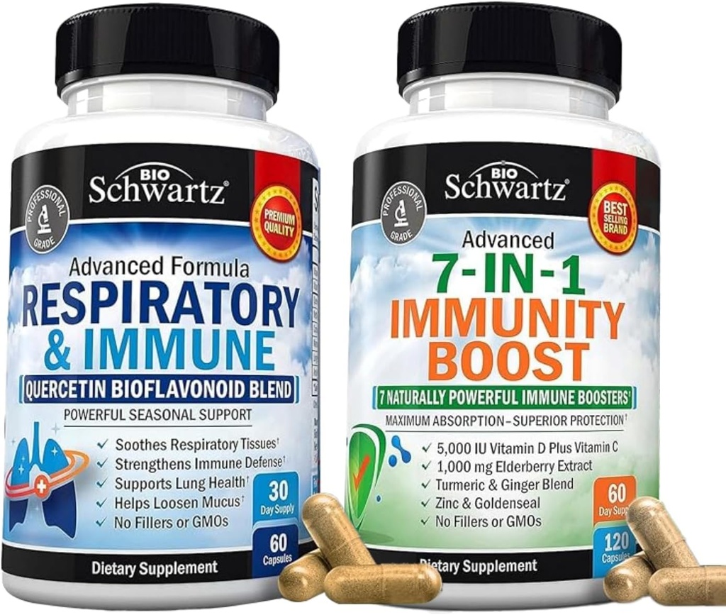 BioSchwartz Respiratory & Immune Lung Support Supplement Quercetin (1 kuu tarne) Plus 7 in 1 Immune Support Supplement koos antioksüdantidega (2 kuu tarne)