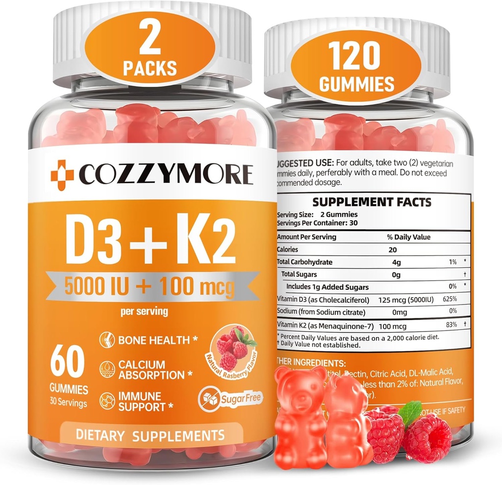 Suhkruvaba Vitamiin D3 K2 Gummies, Vitamiin D Gummies Supplement, 10000 IU + 200mcg D3 ja K2 Toidulisandid, Maitsev Gummy Vitamiinid, Toetus Luude Lihaste Hammaste Immune, 60 Servings 120 Gummies, Vaarika