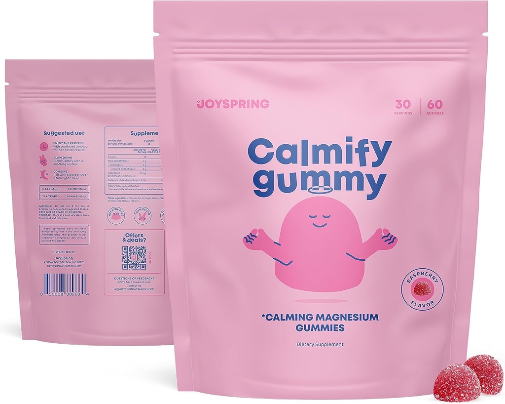 JoySpring Kids Magneesium Gummies - Rahulikud kummikud lastele - Rahulik Magneesiumitoetus Looduslik väikelastele ja teismelistele Maitsev Madal suhkur Rahulik 60