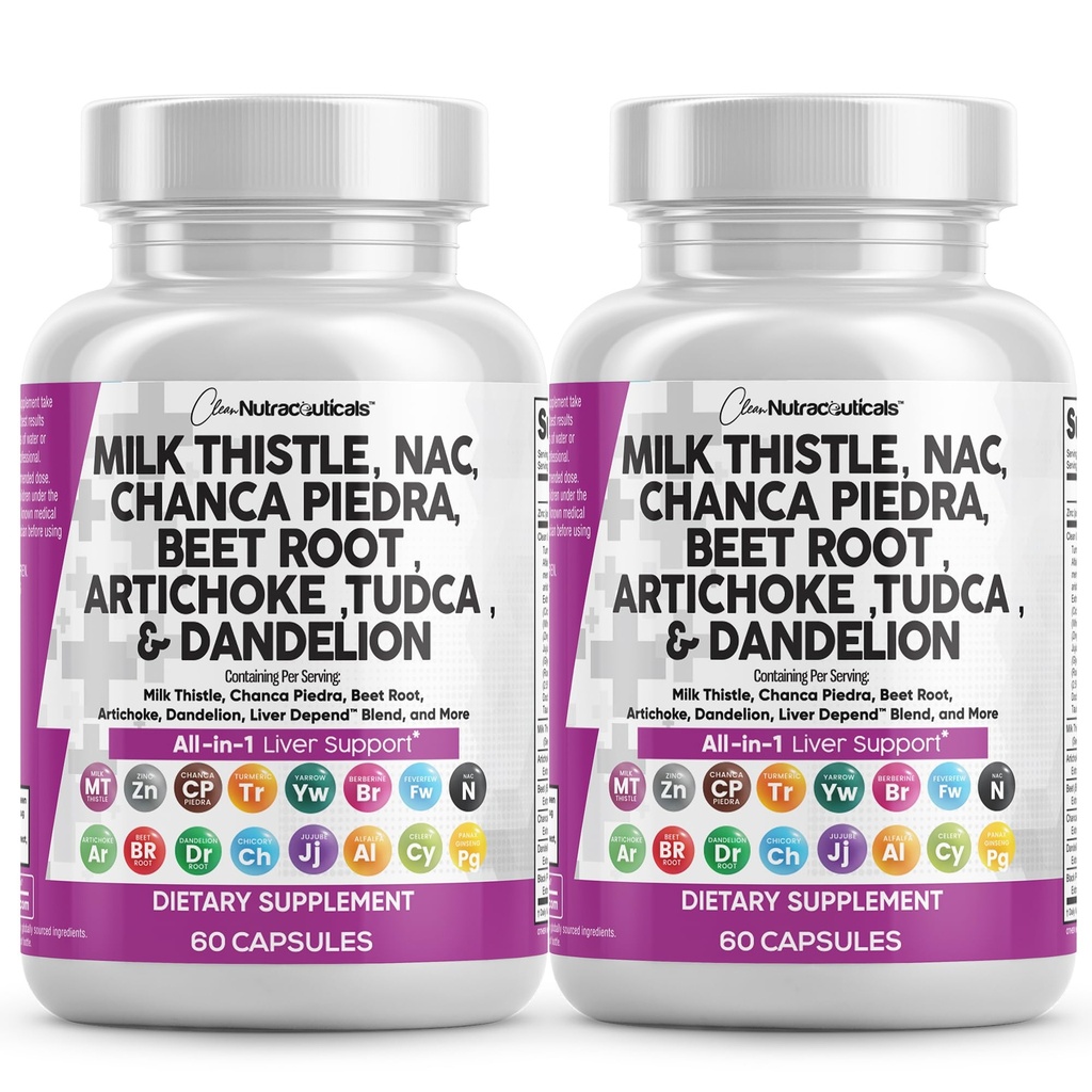 Puhas Nutraceuticals Piimaohakas NAC Chanca Piedra Beet Juur Artišokk Dandelion Juur - Maksapuhastuslisa Plus TUDCA koliin & ingver - 2Pack