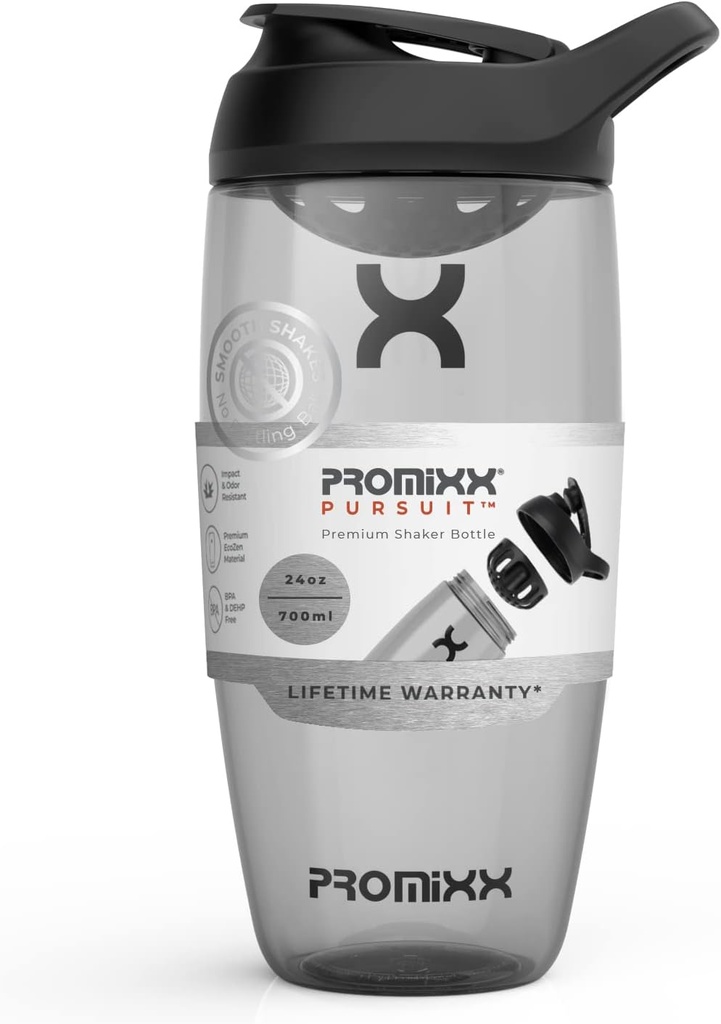Promixx Pursuit Protein Shaker Bottle (24 oz) – Silent No-Ball Mixer, Leak-Proof Lid, BPA/BPS & Phtalaat-Free ECOZEN – Easy-Clean Shaker Cup for Protein Shakes, Pre & Post-Workout Smoothies