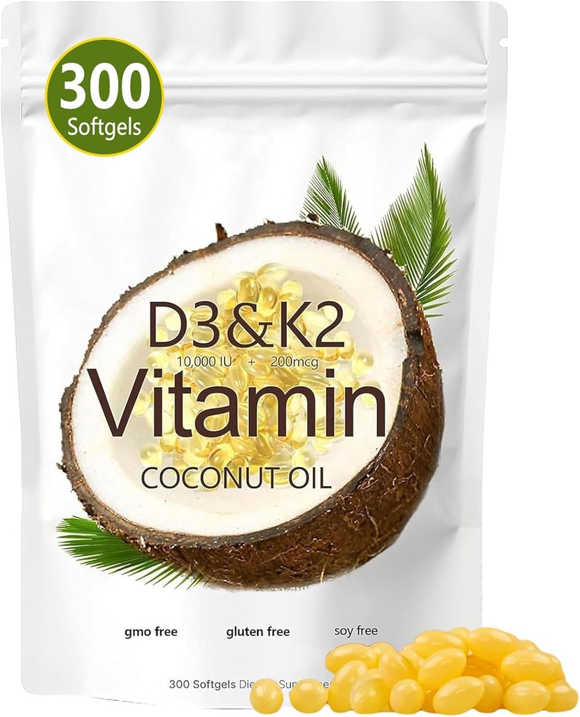 Vitamiin D3 K2 Softgel, D3 K2 Vitamiin 10000 RÜ, 10000 RÜ VIT D3 + 200 MCG Vitamiin K2, GMO-vaba, gluteeni, soja, luu tervis, toetab kaltsiumi imendumist, 300 geeli