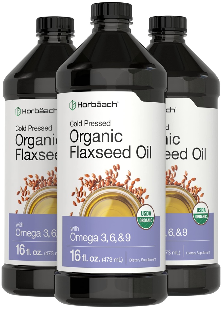 Horbäach Organic Flaxseed Oil | 3 Pack | 16 floz Iga | Külmpressitud | Omega 3, 6, 9 | Taimetoitlane, GMO-vaba, Gluteenivaba vedelik