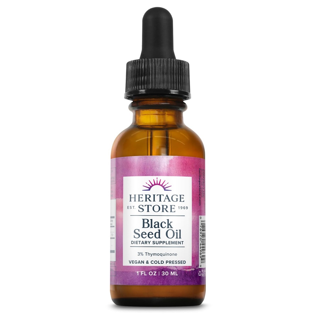 HERITAGE STORE Black Seed Oil w/ 3% Tümokinoon, Omega 6 9 - Nigella Sativa Vedel õli, külmpressitud mustad seemned, liigesed, seedimine ja immuuntoetus, Vegan, 60-päevane garantii, 30 Serv, 1 fl oz