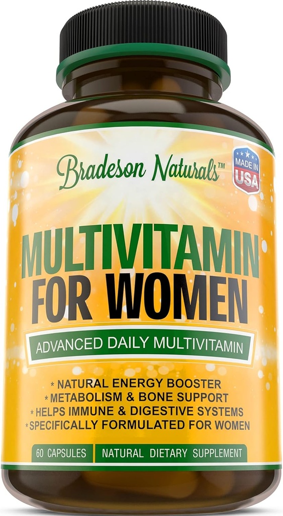 Naiste multivitamiini lisand. Vitamiinid C D E ja vitamiin B kompleks. Immuun- ja naistoetus + antioksüdandid ja looduslikud energiakandjad. Mitte-GMO, Gluteenivaba, valmistatud USA-s, 60 kapslit