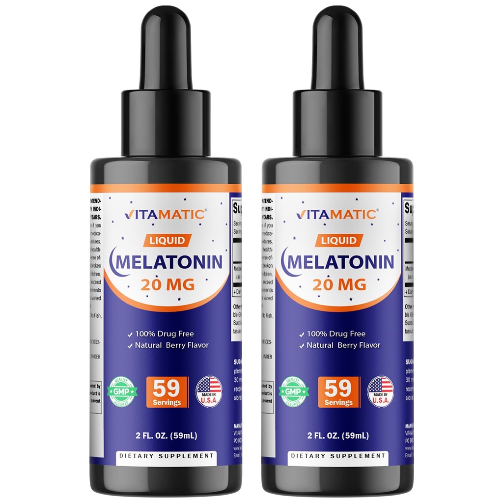 Vitamatic 2-Pack Melatoniin 20mg Vedelad tilgad - 2 fl oz (59 ml) Iga - Natural Berry maitse - Non-GMO, taimetoitlane täiendus täiskasvanutele