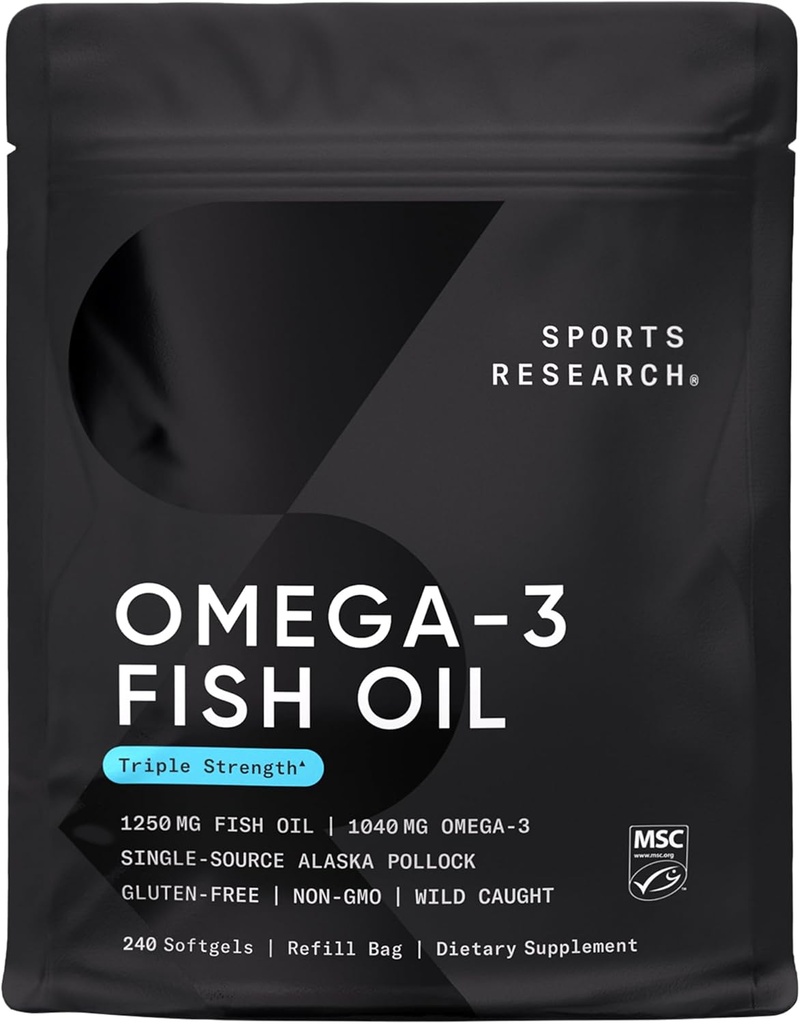 Sport Research Triple Tugevus Omega 3 Kalaõli - Burpless Fish Oil Supplement w / EPA & DHA Rasvhapped Wild Alaska Pollock - Heart, Brain & Immune Support meestele ja naistele - 1250 mg, 240 ct