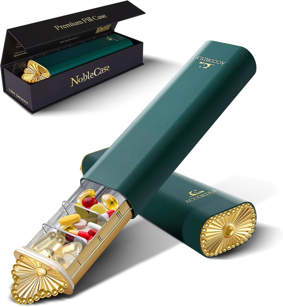 Premium Weekly Pill Korraldaja, 7-päevane kompaktne pillide juhtum rahakoti jaoks, kerge kuldne alumiiniumpillide karp vitamiinide, ravimite, toidulisandite, luksusliku tervise kingitus