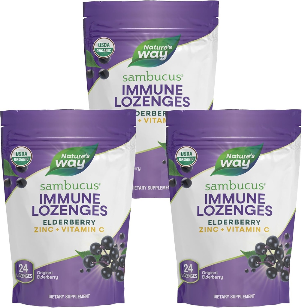 Nature's Way Sambucus Immune Lozenges , tsink + C-vitamiin , must leedripuu ekstrakt , USDA sertifitseeritud orgaaniline , originaalne marjamaitseline , 24 pastilli ( Pakendamine võib varieeruda ) - 3 pakendit