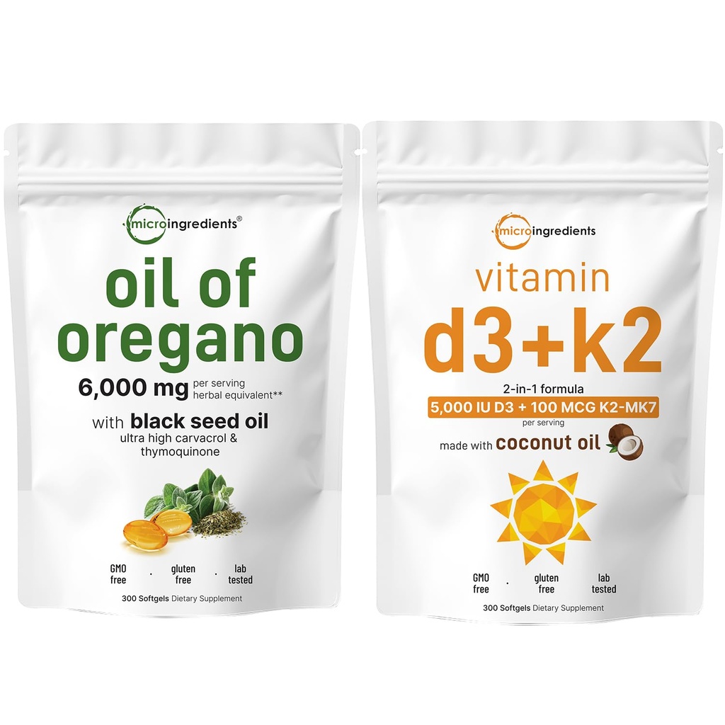 Mikrokoostisosad Oregano Softgelsi õli 6000 mg Serving & Vitamiin D3 5000 RÜ Plus K2 (MK-7) 100 mcg, 300 Neitsi Kookosõli Softgels Komplekt | 4X Tugevus Karvakrool & Tümokinon | Essential