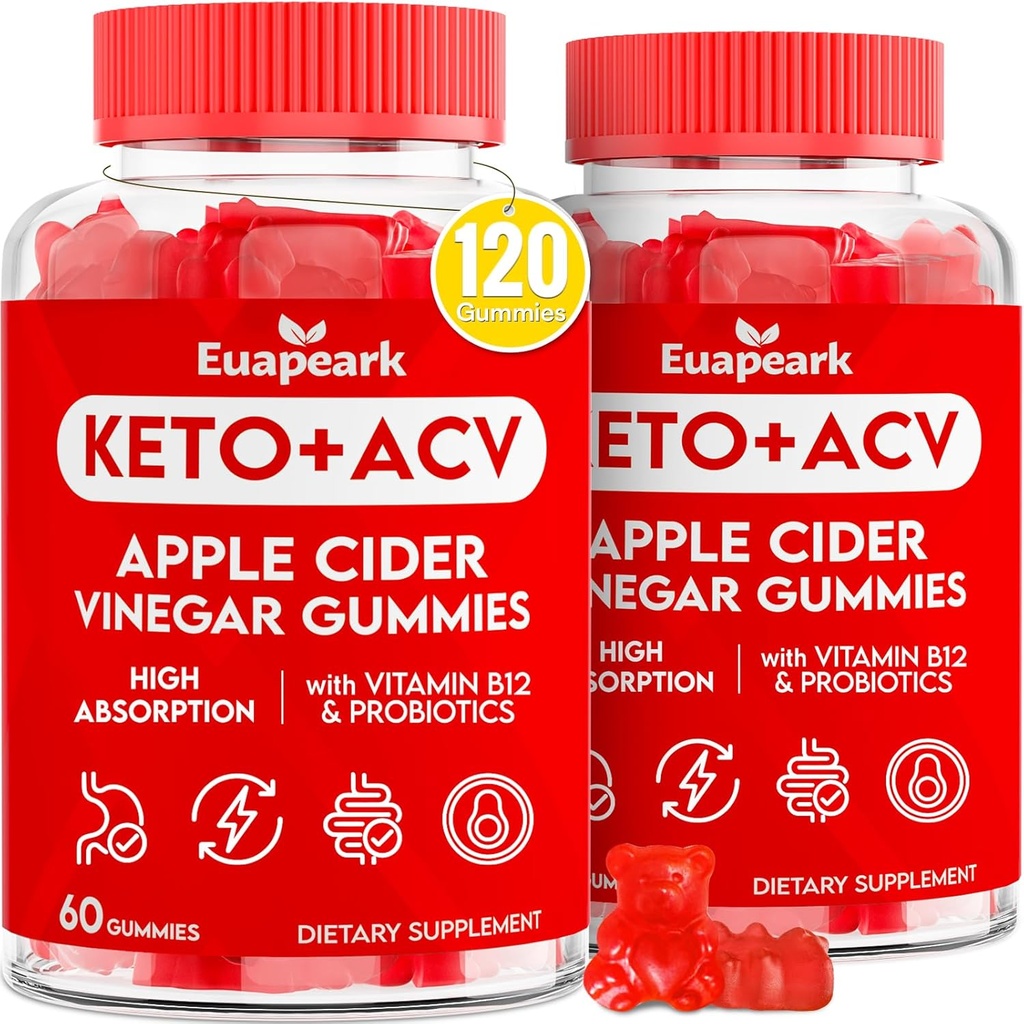 Õunasiidri äädikakummid, Keto ACV-kummid probiootikumidega, vitamiin B12 ja Keto tugi, 2000 mg ACV koos emaga seedimiseks, ainevahetus, puhastamine ja detox dieet, vegan, madal suhkur, 120 loendamist