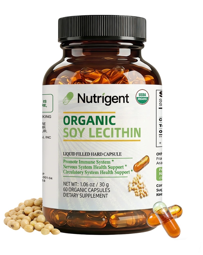 USDA orgaaniline sojaletsitiini täiendus 800 mg, kõrge imendumisega vedelad orgaanilised kapslid, koliinletsitiini lisand aju ja maksa tervise toetamiseks, mitte-GMO, gluteenivaba, 60 loend