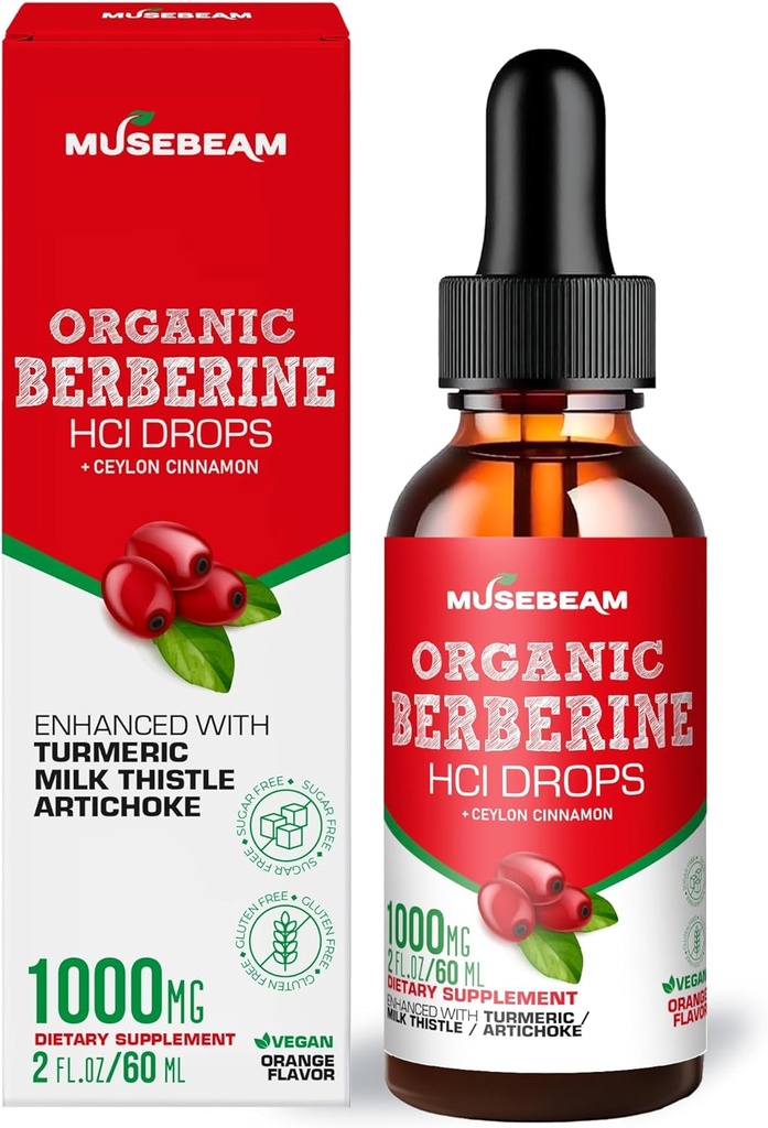Orgaaniline Berberine HCl 1000mg Vedelad tilgad - koos Ceylon Cinnamon Turmeric Milk Thistle artišokk - kõrge biosaadavuse täiendus meestele naistele - Vegan Sugar Free Gluten Free 2fl. oz (60ml)