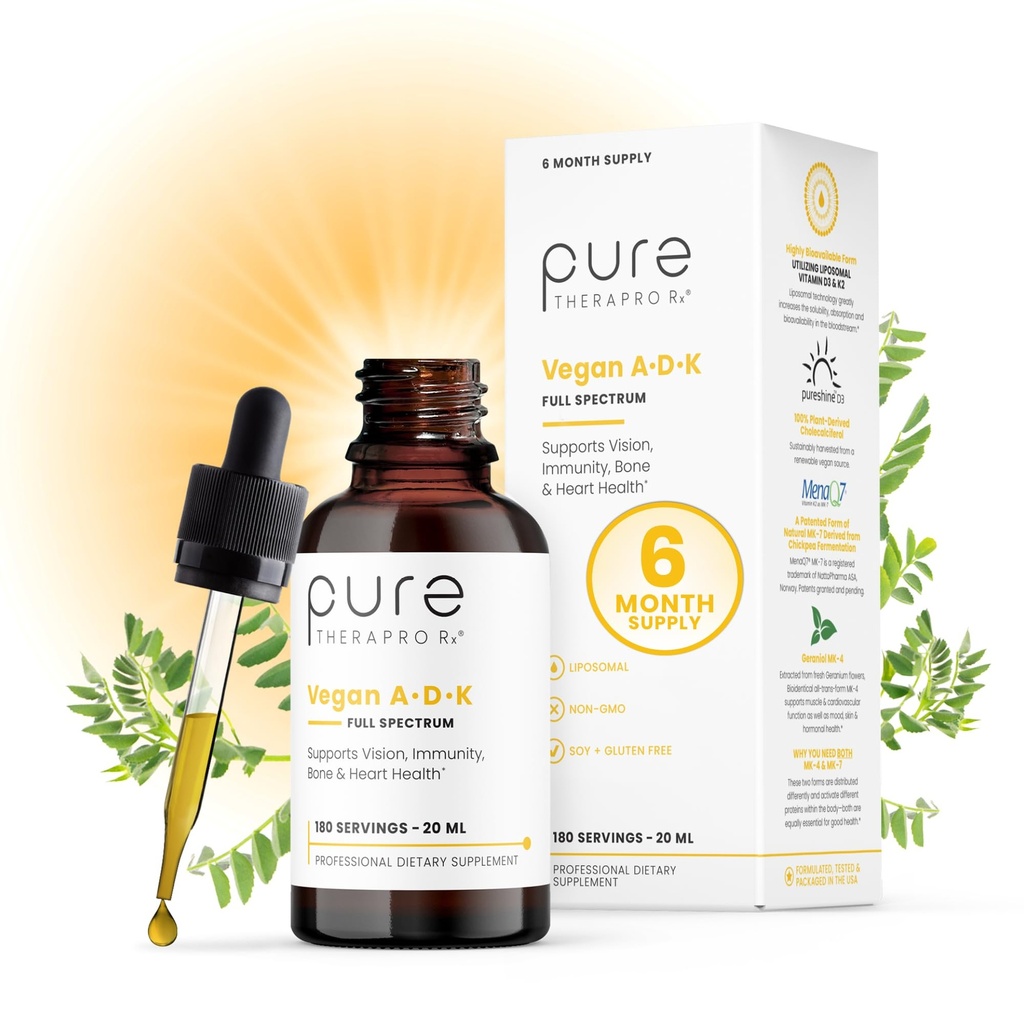 Puhas TheraPro Rx Vegan A-D-K tilgad 6 Mon Supply-Vitamiin A(Palmitaat ja betakaroteen), Liposomaalne Vitamiin D3(nagu vegan kolekaltsiferool), Liposomaalne Vitamiin K2(MK-4 & MK-7)Toetab immuunsust ja luude tervist-20mL