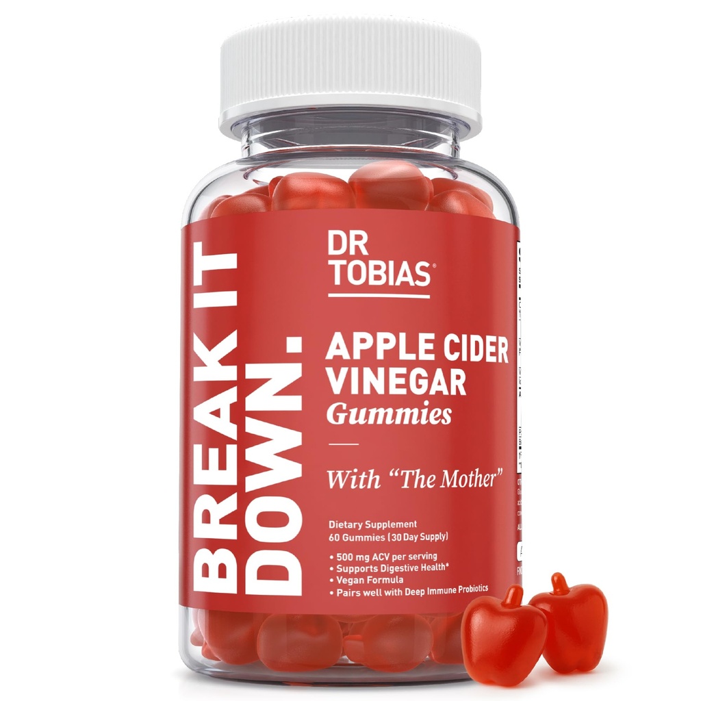 Dr Tobias Õunasiider Äädikas Gummies with The Mother, 500mg ACV per Serving, Plus Folate, B6, B12 & Jood, Toetab Seedetrakti Tervist, Gut Cleanse & Detox, Vegan, 60 Gummies