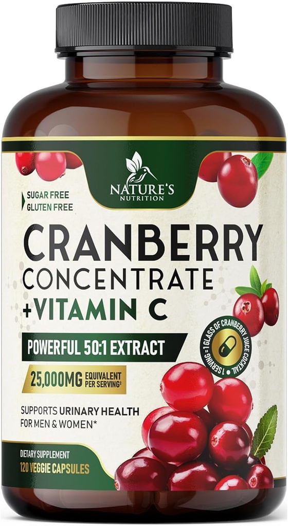 Cranberry Supplement Pills 25 000mg - kõrge tugevusega C-vitamiini Jõhvikas naistele ja meestele, kuseteede tervisetoetus, suhkruvaba, gluteenivaba, mitte-GMO, Jõhvika kontsentraadi ekstrakt - 120 kapslit