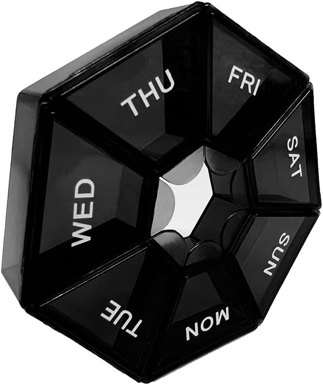 Black Daily Pill Case - 7 päeva reisi pillide korraldaja 1 kord päevas
