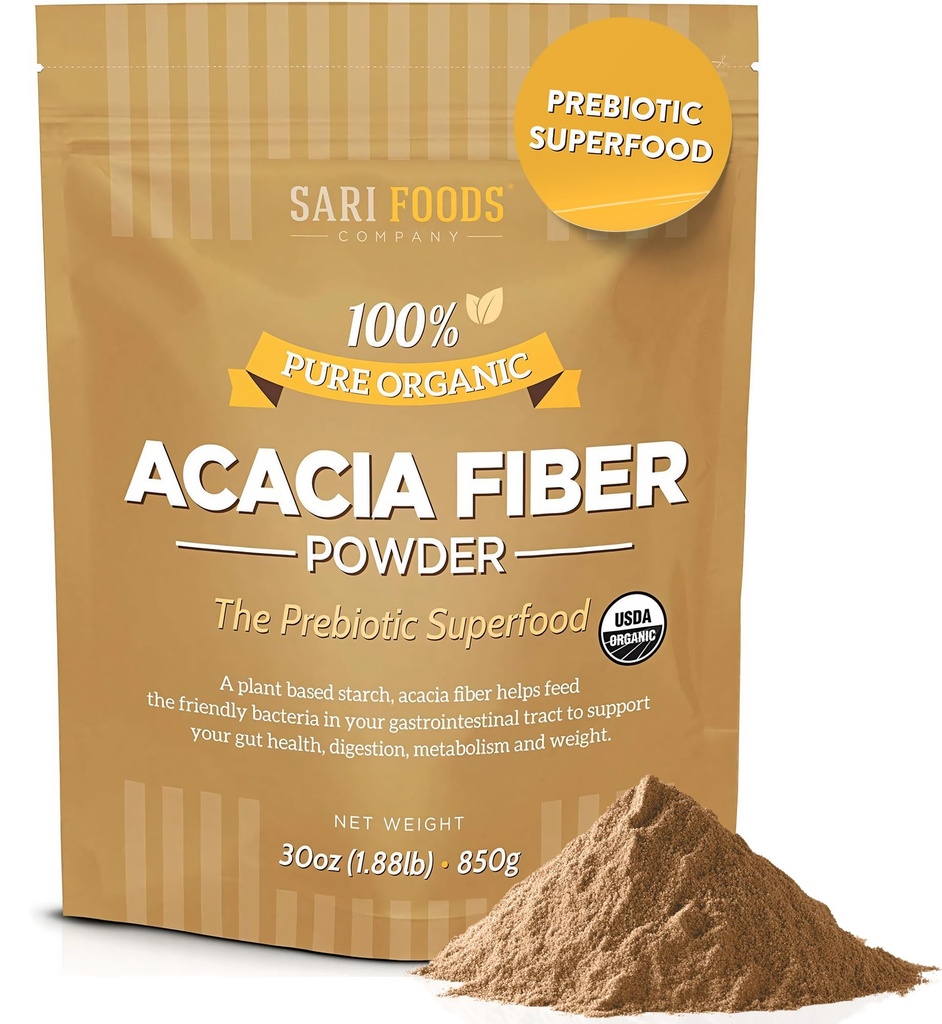 Sari Foods Orgaaniline akaatsia Fiber pulber (30 Ounce): looduslik, kogu toit, taimepõhine prebiootiline supertoit soolestiku tervisele