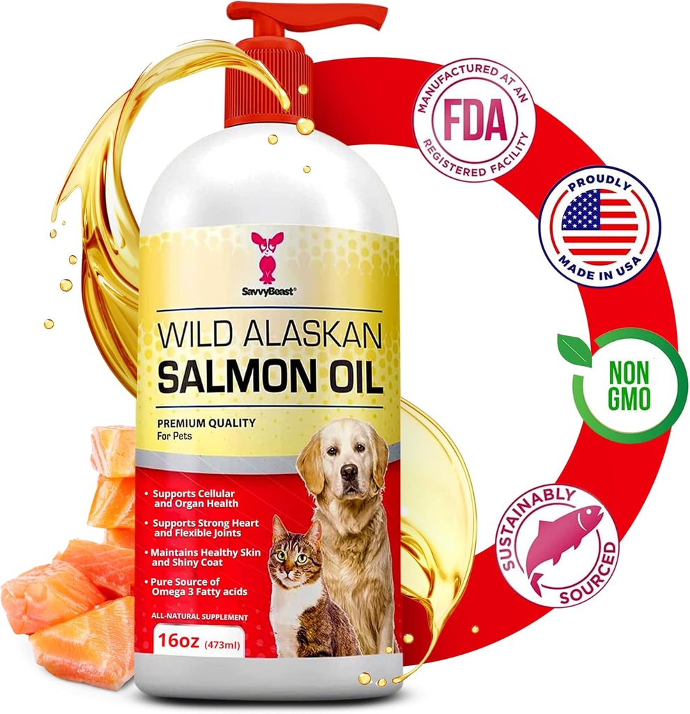 SavvyBeast Wild Alaska lõheõli koertele, kassidele ja tuhkrutele - Omega-3 kalaõli lemmiklooma lisand EPA & DHA-ga - toetab nahka, katet, liigeseid, südant, aju, sügelust ja immuunsust - lõhnatu - 16 oz