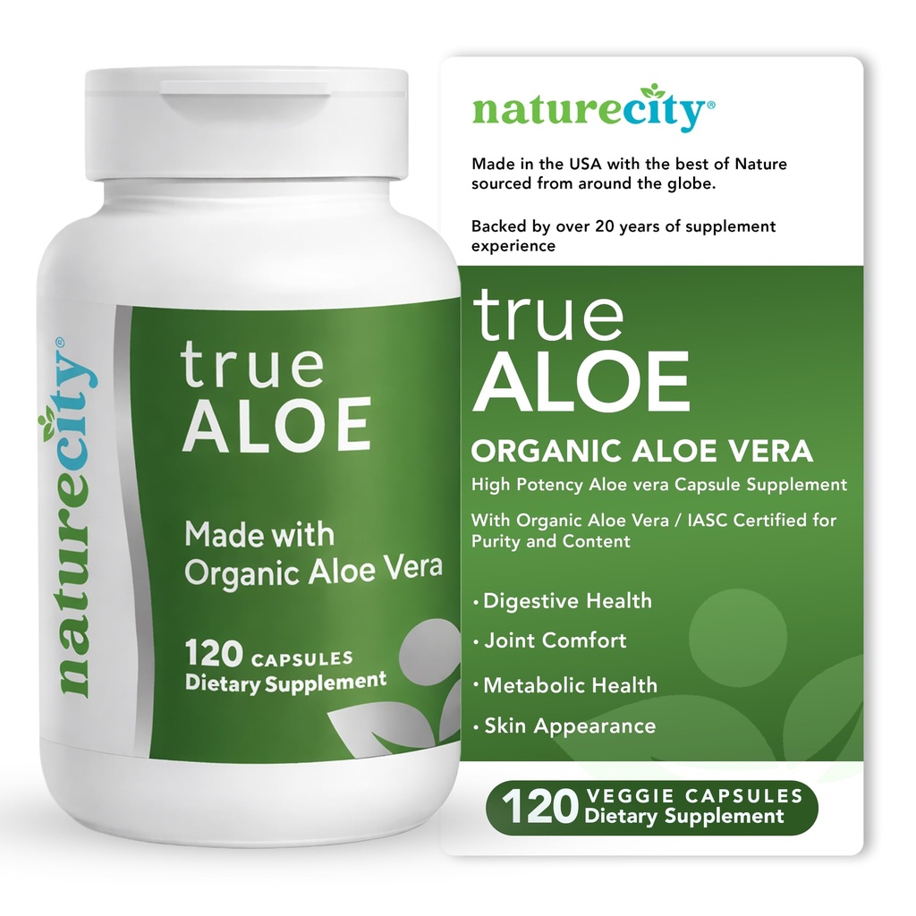 NatureCity True-Aloe Gut Health Support – 80 000 mg Aloe Vera Gel Equivalent Per Serving – Orgaaniline Aloe Vera (120 kapslit) seedetrakti, naha ja liigese toetamiseks | Väikesed kergesti neelatavad tabletid