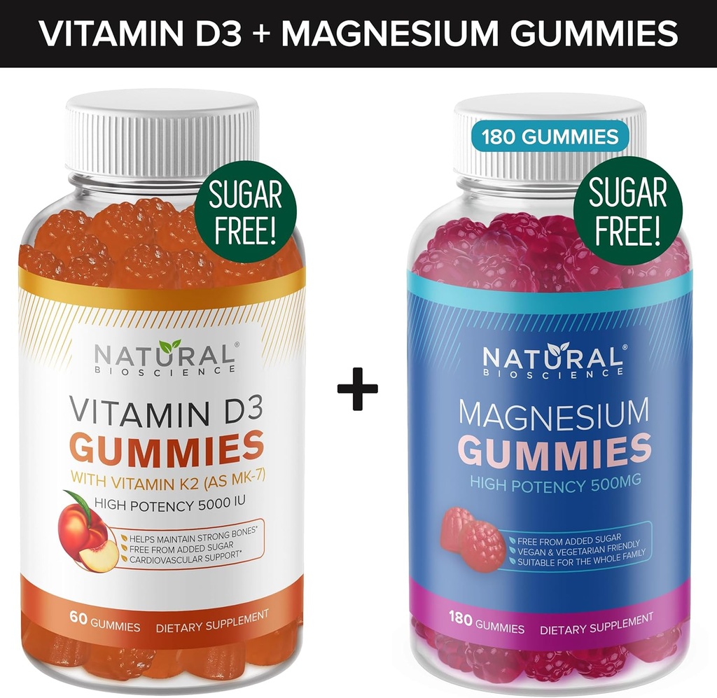 Suhkruvaba Vitamiin D3 K2 Gummies (60 Gummies) ja Suhkruvaba Ekstra Tugevus Magneesium Gummies (180 Gummies), Vitamiin D3 Gummies 5000 IU + K2 MK7 80 mcg, Magneesiumtsitraat Gummies 500 mg