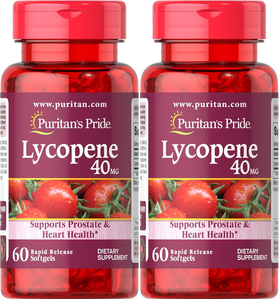 Puritan's Pride Premium Lycopene 40mg, eesnäärme, antioksüdandi, südame tervise ja üldise tervisetoetuse toidulisand, 2 kuu pakkumine, 60 kiire vabanemisega softgels, 2 Pack