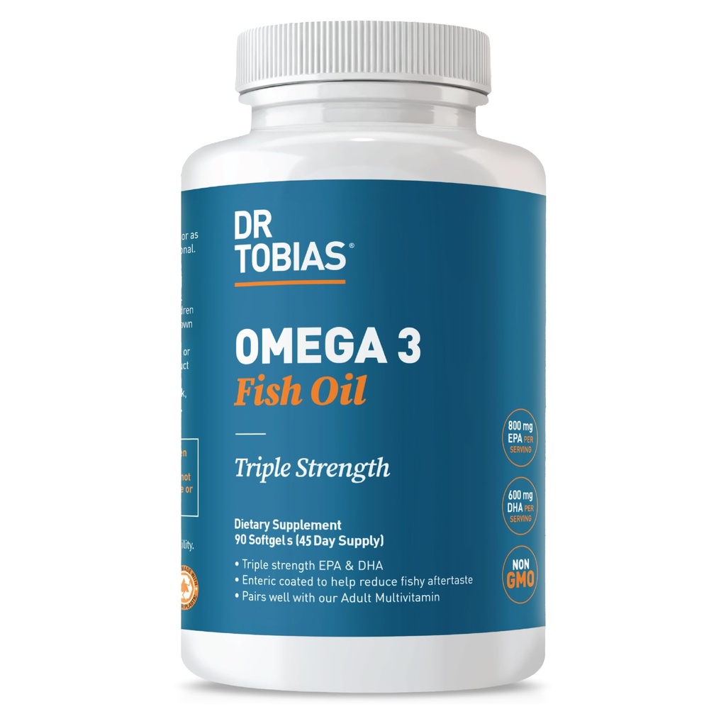 Dr Tobias Omega 3 kalaõli, 2000mg kolmekordne tugevus koos 800mg EPA 600mg DHA per Serving, Fish Oil Omega 3 toidulisandeid südame, aju ja immuunsüsteemi tugi, 90 Softgels, 45 Servings