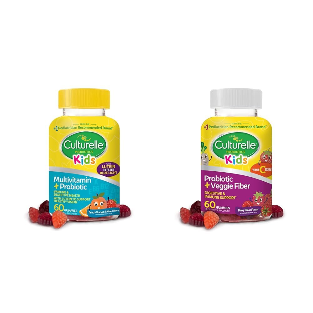 Kultuursed lapsed probiootilised kummikud vanuses 2+ - virsiku-apelsini ja segatud marjamaitsed & igapäevane probiootikum lastele + köögiviljakiust kummikud (vanuses 3+) - 60 Count - seedetrakti