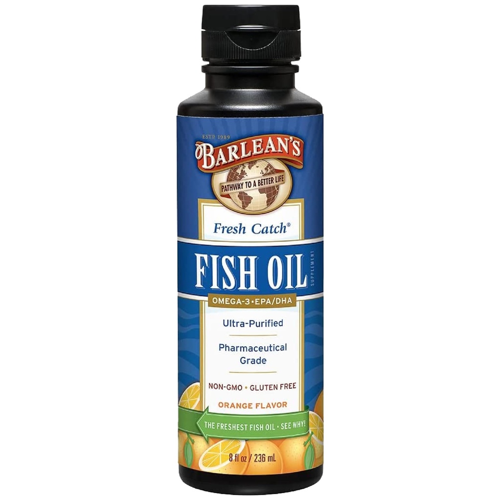 Barlean's Omega 3 Fish Oil Vequid Supplement, 1262mg EPA ja DHA rasvhapped, Non-GMO ja gluteenivaba, Orange Flavor, 8 oz