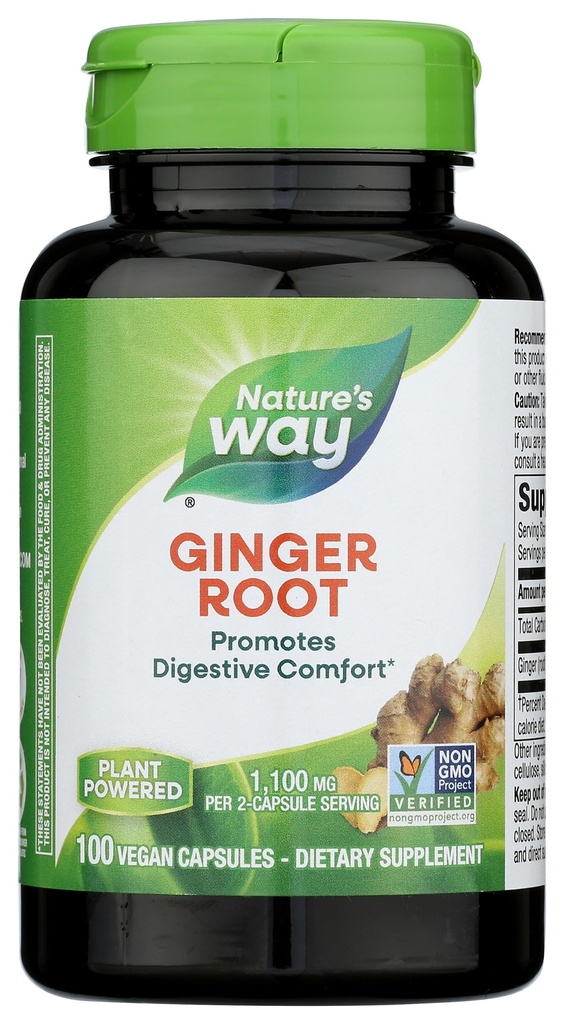 Nature's Way Ginger Juur, Soodustab Seedetrakti Mugavust *, 1100 mg Per 2-Capsule Serving, Mitte-GMO Project Verified, Vegan, 100 kapslit