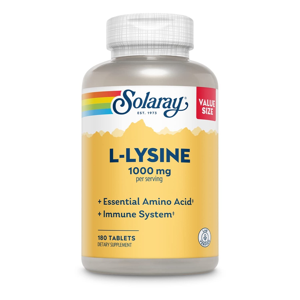 SOLARAY L-Lysine, vaba vorm 1000 mg, Essential Amino Acid Immune Support Supplement koos vitamiin C 1000 mg ja tsink 25 mg, väärtus suurus, Lab kinnitatud, 60-päevane garantii, 60 Servings, 180 tabletti