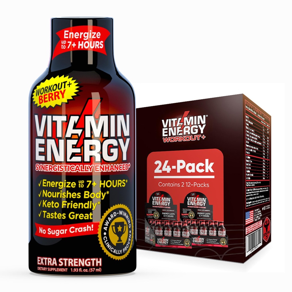 Vitamiinienergia treening + ekstra tugevuse energia Shot Berry 24 Pack, 260mg looduslik kofeiin, Pre-Workout, B-vitamiinid, mineraalid, vastupidavus ja jõudlus, null suhkur, gluteenivaba, Vegan, 1.93 fl oz
