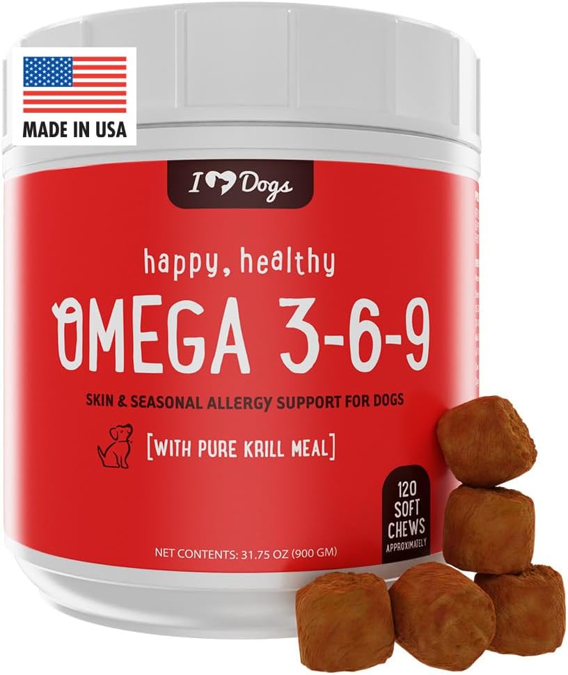 iHeartDogs Omega 3-6-9 koertele - naha ja karva kalaõli lisand koertele puhta Antarktika krillõliga - Allergia ja sügelevad naha abistavad närid, 120 krahv