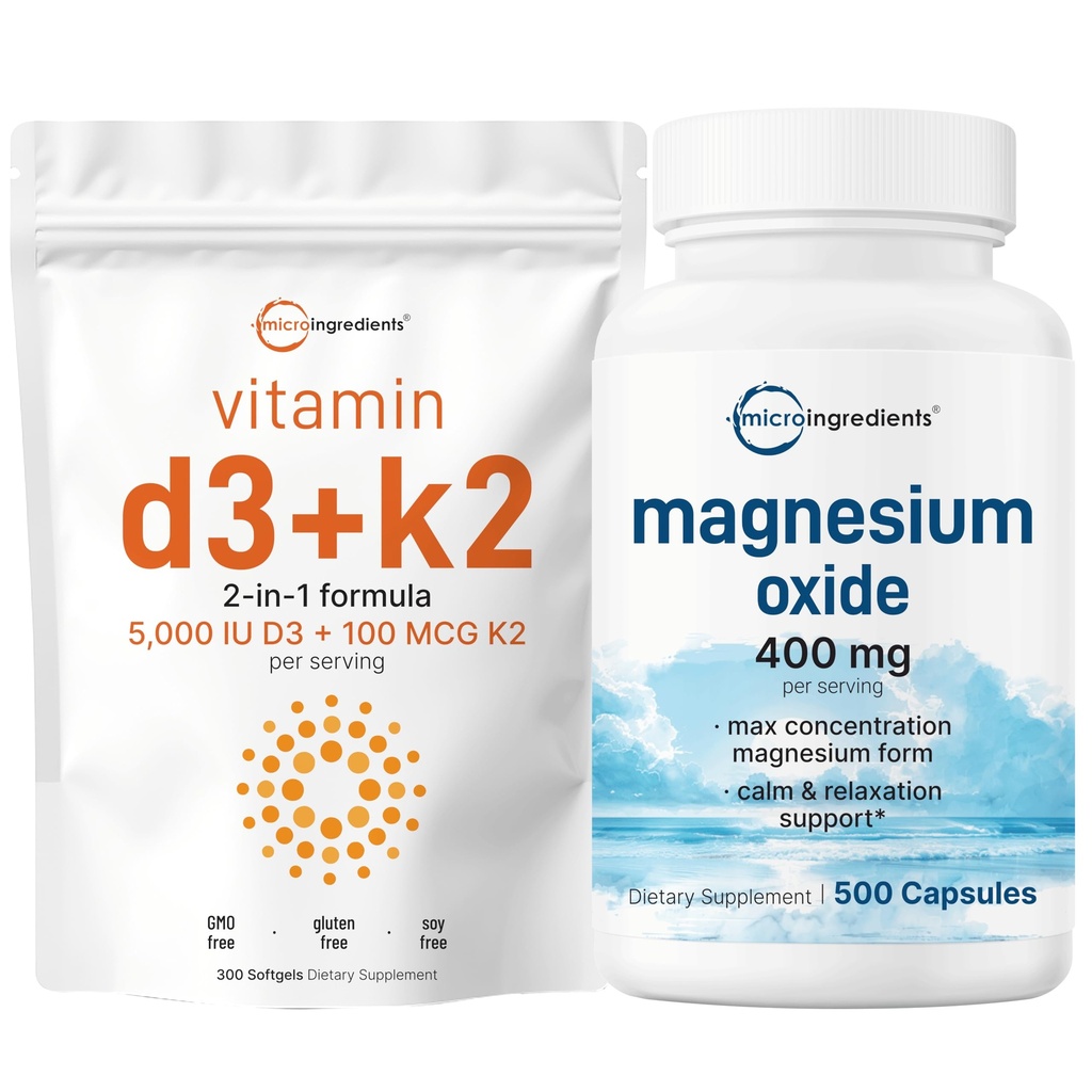 Mikrokoostisosad Vitamiin D3 5000iu + K2 100mcg Softgels & Magneesiumoksiid 400mg Komplekt | Essential Sunshine Vitamins | Elementaalvorm Max kontsentratsioon