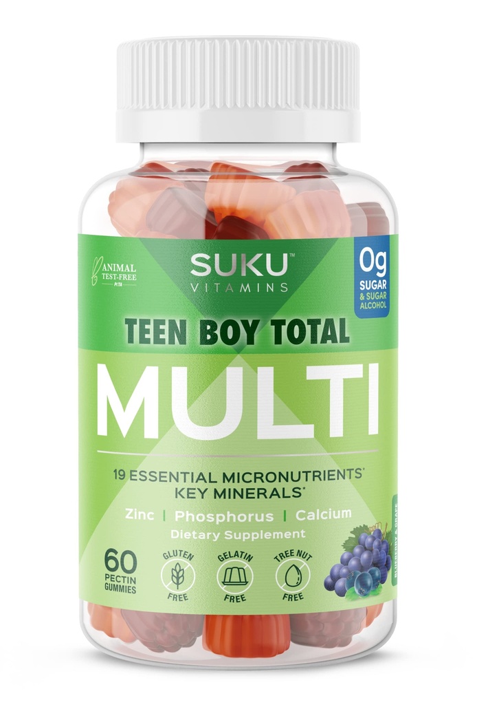 SUKU Teen Boy Multivitamiin Gummies - vitamiinid A, B12, C, D3, E, tsink ja biotiin - suhkruvaba taimetoitlane toidulisand energia, kasvu, immuunsuse ja luude tervise jaoks - viinamarjamaitse - 60 krahv