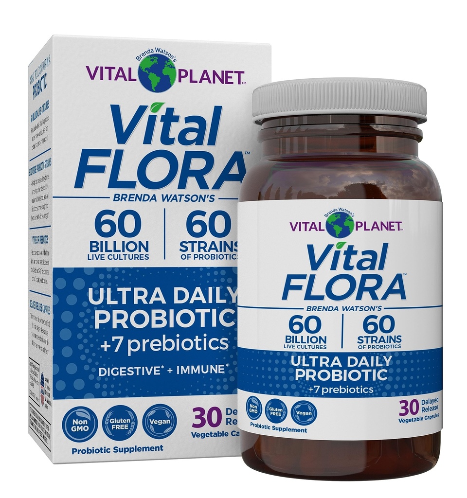 Vital Planet - Vital Flora Ultra igapäevane probiootiline 60 miljardit CFU, mitmekesised tüved, orgaanilised prebiootikumid, immuunsuse tugi, puhumine, seedetrakti tervise probiootikumid naistele ja meestele 30 kapslit