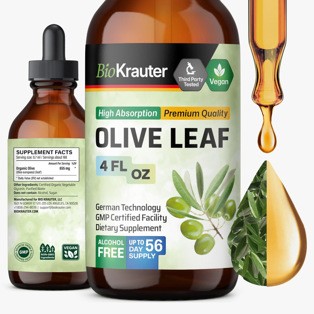 BIO KRAUTER Oliivilehe ekstrakt Vedelik - Oliivilehe tinktuur immuunsuse toetamiseks - Alkohol ja suhkruvaba - Vegan tilgad 4 Fl.Oz.