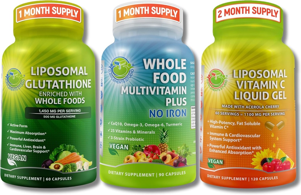 Daily Immune, Antioxidant & Energy Support Bundle - Liposomal Glutatioon 500mg kogu toidu + liposomaalne C-vitamiin 1100mg vedel geel + Vegan Terve toit Multivitamiin ilma rauata