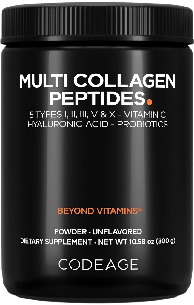 Kodegatsioon Multi kollageenpeptiidid Pulber + probiootikumid Must Edition, C-vitamiin, hüaluroonhappe pulber Toidulisand, Grass-Fed, Hüdrolüüsitud, Zero Carbs, tüüp I, II, III, V & X, Maitsestamata, 10.58oz